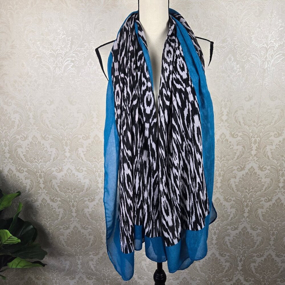 Black White Ikat Print Oblong Scarf Turquoise Border Lightweight Versatile Gifts